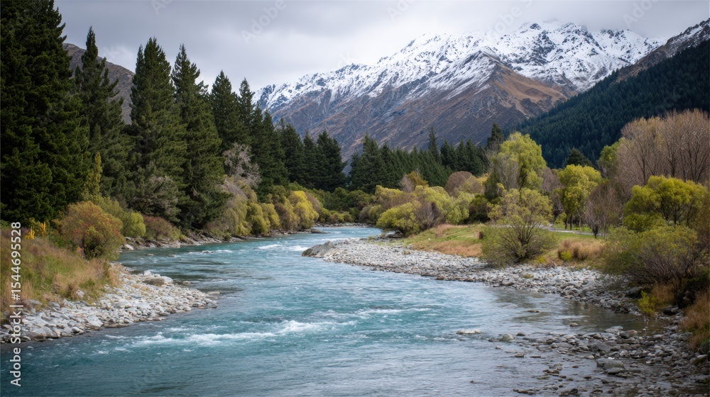 Aufkleber snow-capped mountains surround a river flowing through lush greenery during a cloudy day in a serene
