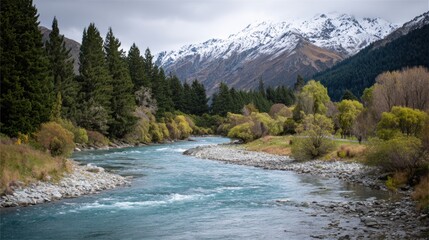 Snow-capped Mountains Surround a River Flowing Through Lush Greenery During a Cloudy Day in a Serene Natural Landscape