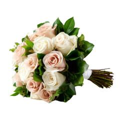 Obraz premium Beautiful bouquet of soft pink and white roses with green leaves, perfect for weddings or special occasions, conveying elegance and romance