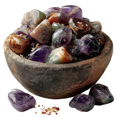 Obraz premium Vibrant gemstones in a rustic bowl, showcasing natural beauty and unique colors. isolated on a white background.
