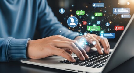 Person using laptop computer with social media network connection and communication displayed