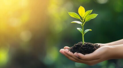 Hand holding growing plant in soil with soft sunlight for nature sustainability hope growth concept photography