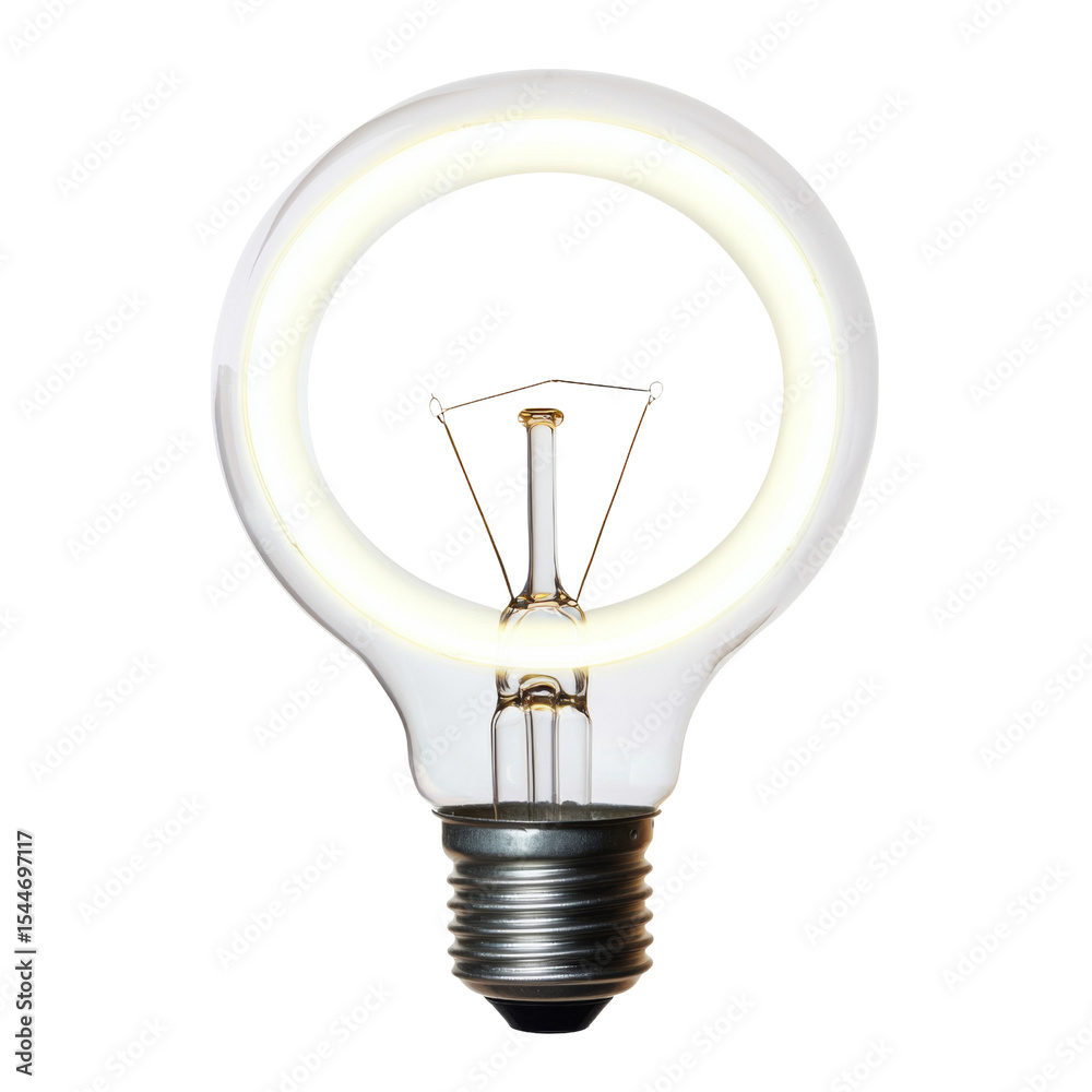 Poster glowing light bulb with circular design, showcasing its filament and base, symbolizes innovation and