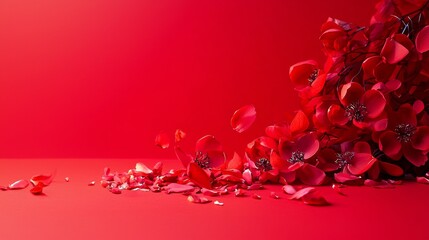 Falling red petals on vibrant crimson background for love romantic passion expression concept design photography