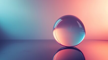 Glass sphere reflecting colorful gradients in minimal blue room for surreal futuristic design art photography background