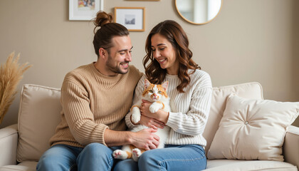Young couple smiling while holding cat on sofa in cozy living room  