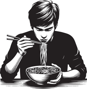 Monochrome woodcut depiction of a person enjoying a bowl of nood
