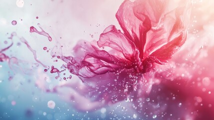 Pink flower burst with paint splash in water for dynamic floral abstract background concept photography design