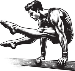 Fototapeta premium Monochrome woodcut of male gymnast executing horizontal bar rout