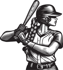 Obraz premium Dynamic female baseball player illustration with bold woodcut ae
