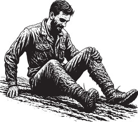 Fototapeta premium A man's mishap: A muddy predicament after a tumble on a rugged t