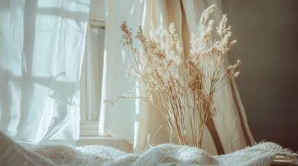 Soft bedroom light with white bed and dried flowers for cozy minimal lifestyle home interior decor background