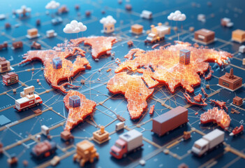 3D illustration of global supply chain network with transport icons