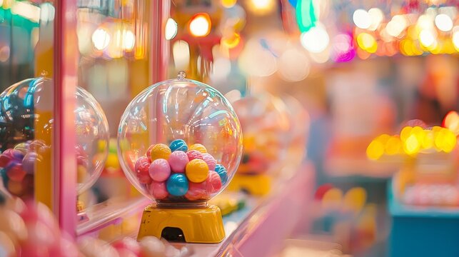 Bright colorful gumball machine at amusement park arcade with bokeh lights and playful retro atmosphere