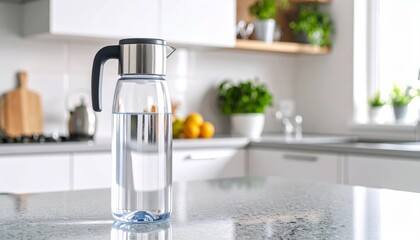 Transparent water pitcher on countertop in modern kitchen design