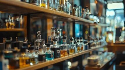 Naklejka premium Shelf full of glass perfume bottles in beauty store interior with luxury fragrance and product display style