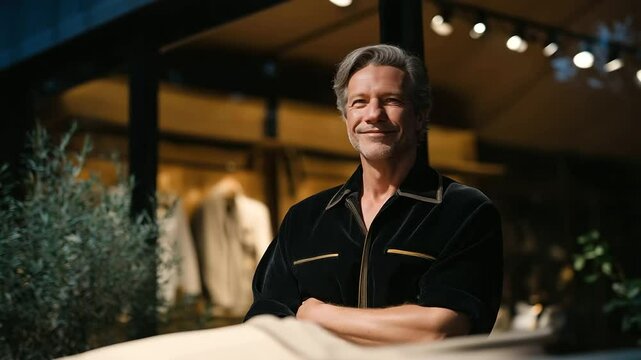 Designer observing garment collection debut with zipper and seating