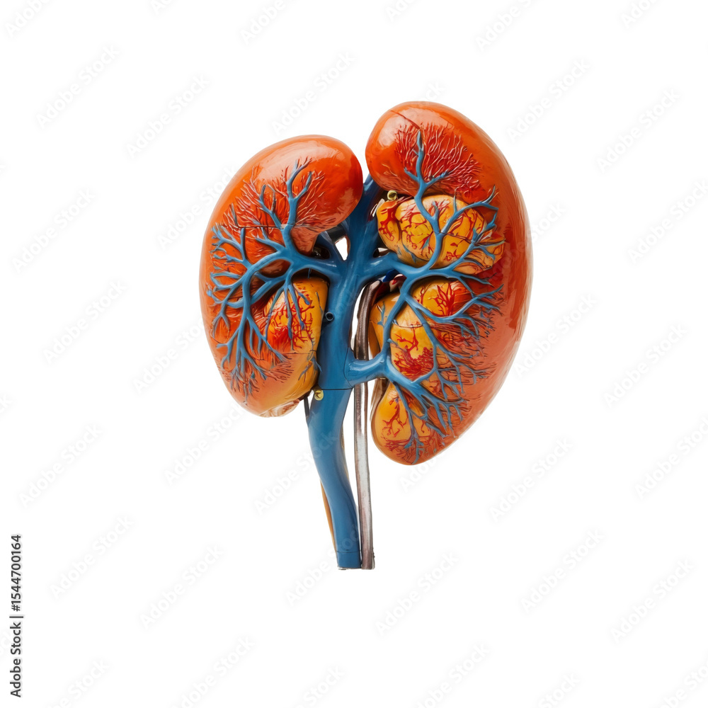 Poster anatomical model of human kidneys showcasing detailed vascular structure and coloration. this educat