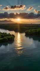 Sunrise over the river in a tropical landscape