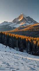Majestic mountain landscape bathed in golden sunset light.