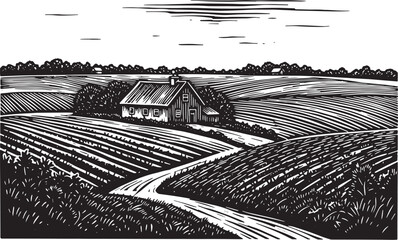 Illustration of a rural landscape with a farmhouse in black and