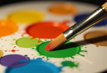 Obraz premium A skilled artist holds a paintbrush poised over a bright palette filled with various vivid colors. Each hue sparks creativity and inspiration in a lively creative space Generative AI
