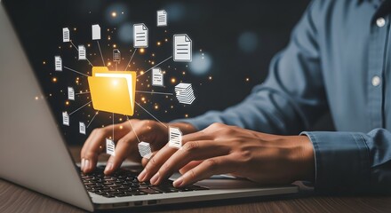 Person using laptop for online data management accessing files and folders via cloud computing technology