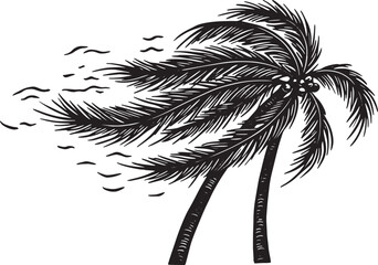 Black and white illustration of palm trees swaying in the strong