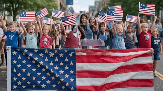 Kids celebrate national holiday waving flags festive parade