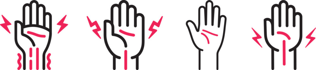 Illustration of Hands with Pain or Numbness, represented by red lines and lightning bolts.