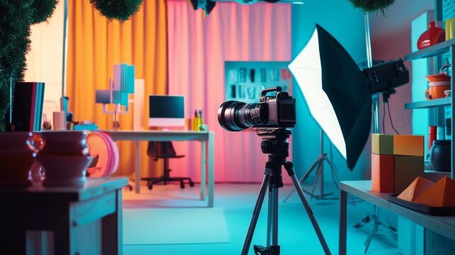 Professional photography studio with lighting equipment and colorful background for content creation production workspace
