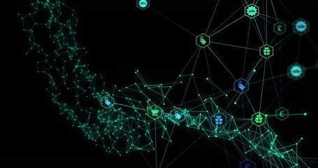 Wave sweeping in forming mesh, icons emerging, connections branching, visualizing commerce network - Powered by Adobe