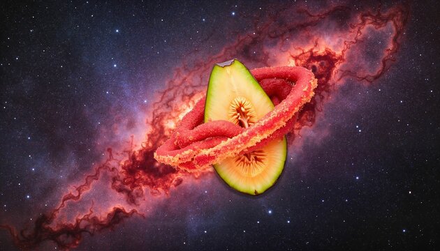 Avocado ring floating in colorful galaxy background  