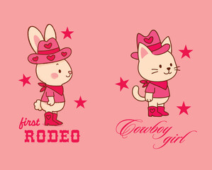 Cute vector illustration of a bunny and kitten dressed as cowgirls with hats, boots, and scarves. Surrounded by stars and Western-themed text. Ideal for kids' apparel, nursery prints, and playful merc