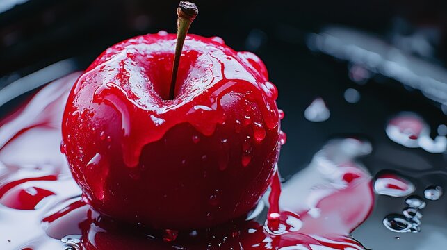 Glossy red candy apple with dripping sugar glaze on black background for dessert sweet food concept