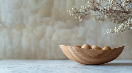 Wooden bowl with white eggs on stone surface for minimalist natural organic healthy food product concept