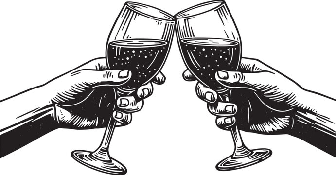 Two Hands Toasting with Wine Glasses in a Black and White Illust