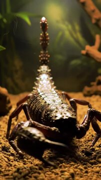A highly detailed, fantasy-style scorpion with metallic armor and glowing highlights, viewed from the front with its tail raised high in a defensive position