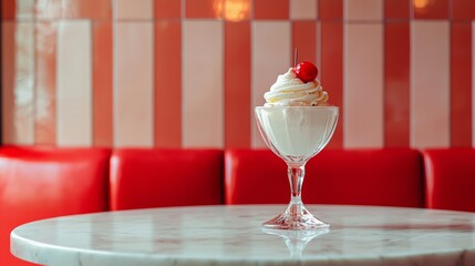 Dessert sundae in glass cup on marble table with red booth background for sweet food concept photography