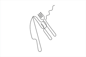 Fork and knife in continuous line art style Line drawing silhouette of cutlery Vector illustration design

