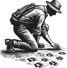 Man Crouched, Examining Animal Footprints: A Detailed Black and