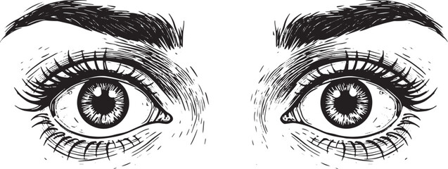 Detailed Black and White Illustration of Two Eyes with Intense F