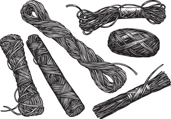 Illustration of different types of rope and twine on a white bac