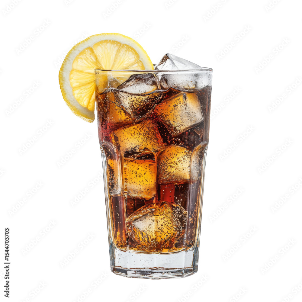 Poster refreshing glass of with ice and lemon slice, perfect for hot days. enjoy fizzy drink that brings bu