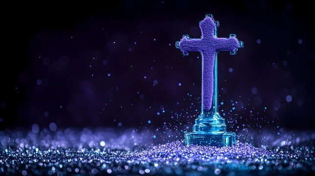 Purple Ash Wednesday cross, dark background, glitter, faith