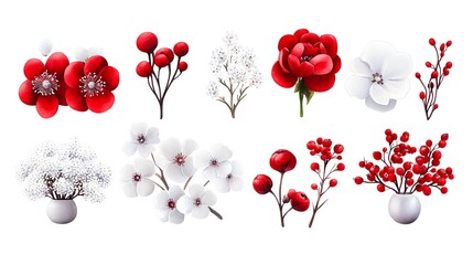 Obraz premium Red and white winter flowers, botanical illustrations, isolated, design elements