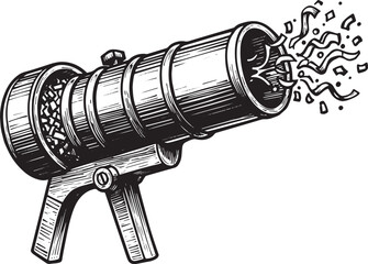 Illustration of a celebratory confetti cannon firing, in black a