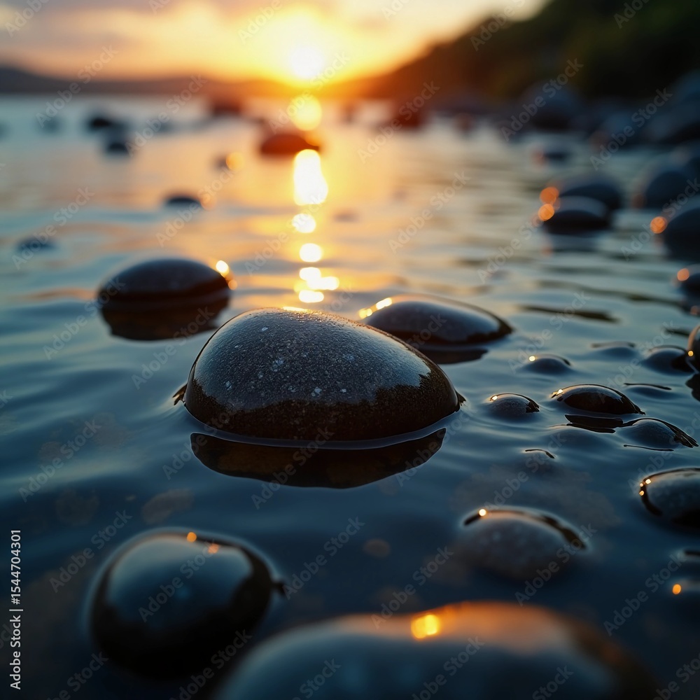 Poster smooth stones rest in the reflective water as the sun rises on the horizon, casting a warm glow acro
