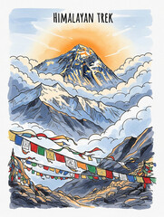 Himalayan Trek. Mount Everest at sunrise with prayer flags. Illustration for poster, postcard, background.