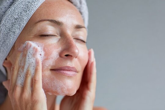 Woman washing face with soap and towel on head - Powered by Adobe
